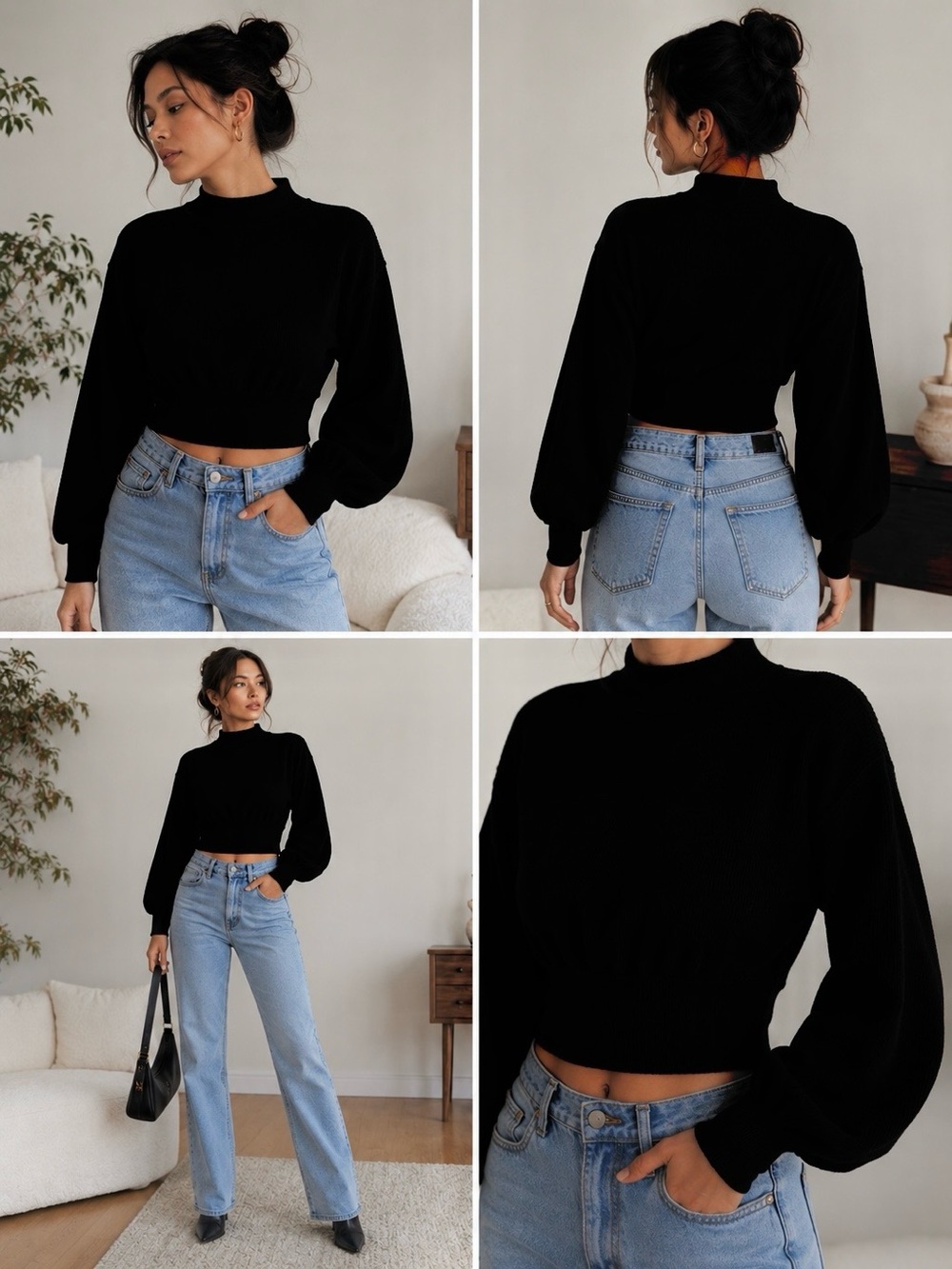 Forever 21 Black Mock Neck Cropped Balloon Sleeve Sweater